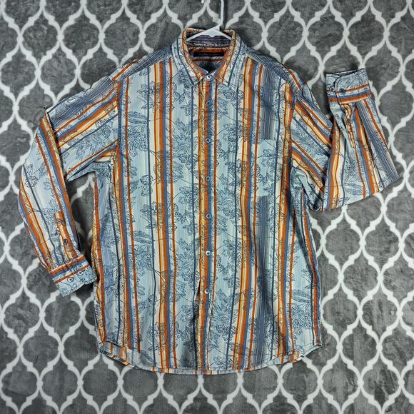 Indigo Palms Shirt Men Large Blue Stripe Floral Button Long Sleeve Resort Cruise - Picture 6 of 9